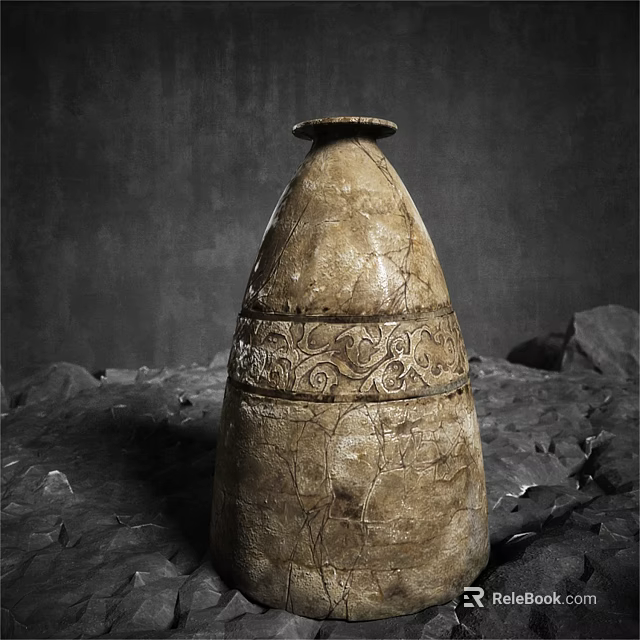 Ceramic Sculpture With Intricate Carvings In Conical Shape On Stone Base 3d model 
