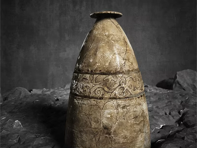 Ceramic Sculpture With Intricate Carvings In Conical Shape On Stone Base 3d model