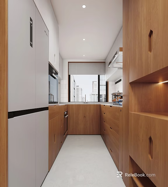 Modern Kitchen Interior With Wooden Cabinets White Countertops And Window Lighting 3d model 