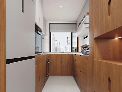 Modern Kitchen Interior With Wooden Cabinets White Countertops And Window Lighting 3d model