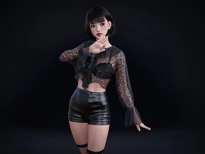 Fashionable Woman In Black Lace Top And Leather Shorts Posing On Black Background 3d model