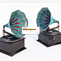 Vintage Gramophones With Colorful Horns And Dark Wooden Bases For Retro Audio Setup