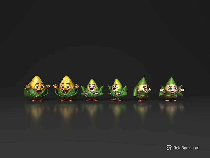 Cartoon Corn Themed Decorative Ornament Set With Various Expressions And Green Leaves 3d model 