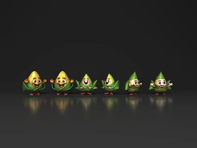 Cartoon Corn Themed Decorative Ornament Set With Various Expressions And Green Leaves 3d model