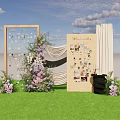 Outdoor Floral Decor With Wooden Frame Purple White Flowers Green Lawn And Guest Gallery Board