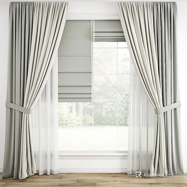 Light Gray Curtains With Blinds For Window In Natural Light And Outdoor Greenery 3d model 