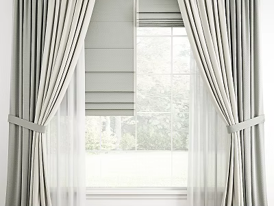 Light Gray Curtains With Blinds For Window In Natural Light And Outdoor Greenery 3d model