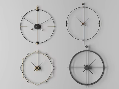 Four Modern Decorative Wall Clocks With Minimalist Metal Frames And Unique Designs On Grey Background 3d model