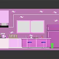 Cartoon Kitchen Scene With Pink Cabinets Fridge Island Counter Stools And Checkered Floor