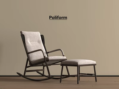 Modern Rocking Leisure Chair With Light Fabric Seat Dark Frame Ottoman Beige Wall And Wooden Floor 3d model