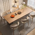 Modern Wooden Dining Table Set with Six Chairs Fruit Bowl and Decorative Items on Rug