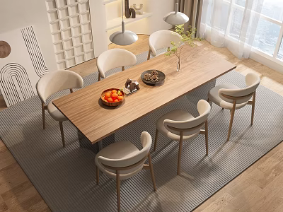 Modern Wooden Dining Table Set with Six Chairs Fruit Bowl and Decorative Items on Rug 3d model