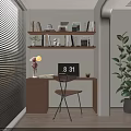 Modern Home Office Desk With Bookshelf Books Table Lamp Computer And Green Plant