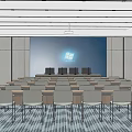 Spacious Modern Conference Room With Tables Chairs Blue Backdrop Wall And Windows