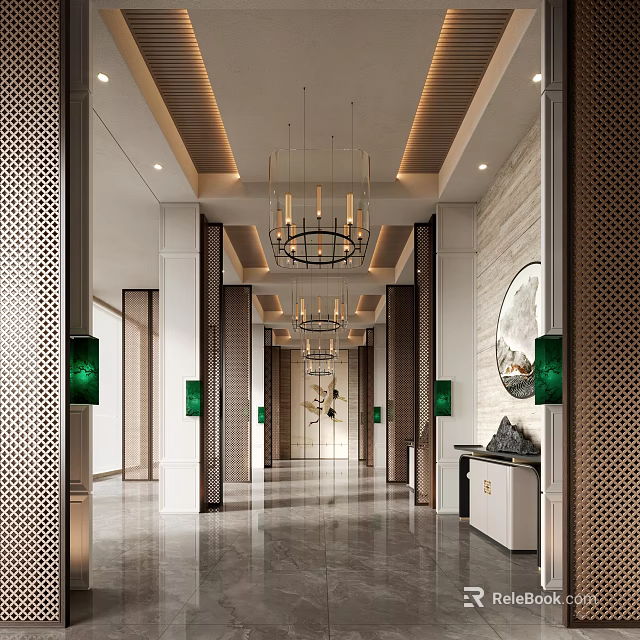 Elevator Hallway Modern Design with Chandeliers Green Decorative Lamps Circular Mirror Marble Floor Symmetrical Columns 3d model 