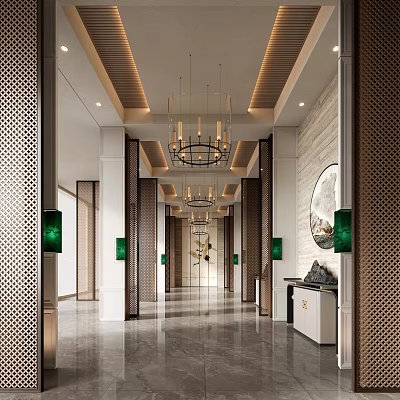 Elevator Hallway Modern Design with Chandeliers Green Decorative Lamps Circular Mirror Marble Floor Symmetrical Columns 3d model