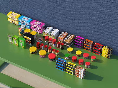 Colorful Kitchen Utensils With Cans Boxes Jars And Packaging On Green Table And Blue Wall 3d model
