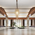 Elegant Chinese Hotel Lobby Interior With Wooden Ceiling Chandelier And Green Plants