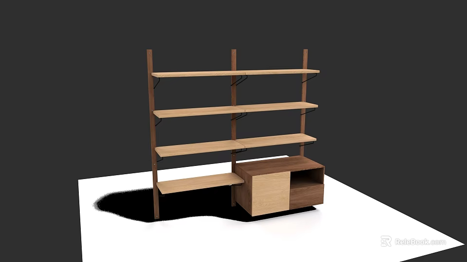 Wooden Multi Tier Shelving Unit With Open Shelves And Attached Side Cabinet 3d model 