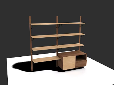 Wooden Multi Tier Shelving Unit With Open Shelves And Attached Side Cabinet 3d model