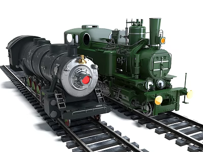Two Vintage Steam Trains In Black And Green On Railroad Tracks 3d model