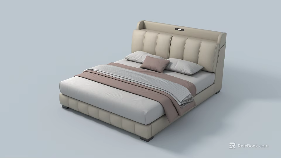 Modern Double Bed With Upholstered Headboard Beige Tone Soft Pillows And Striped Blanket 3d model 