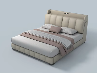 Modern Double Bed With Upholstered Headboard Beige Tone Soft Pillows And Striped Blanket 3d model