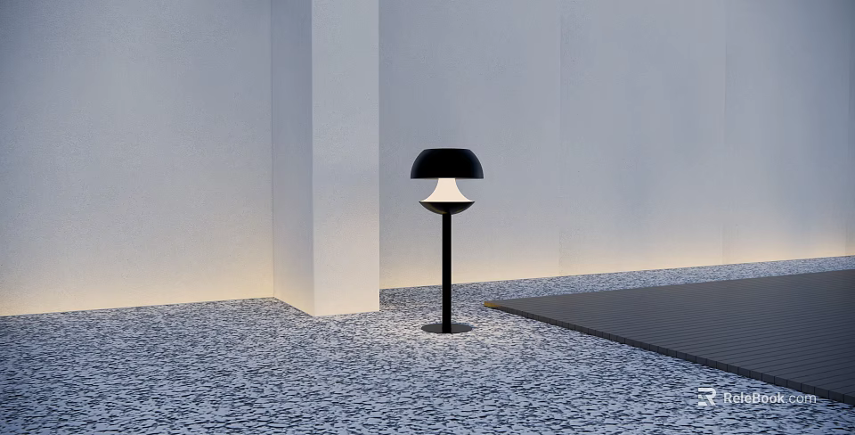 Modern Outdoor Light with Black Pole and White Black Shade on Stone Pavement 3d model 