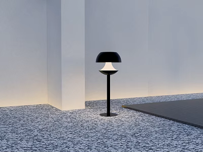 Modern Outdoor Light with Black Pole and White Black Shade on Stone Pavement 3d model