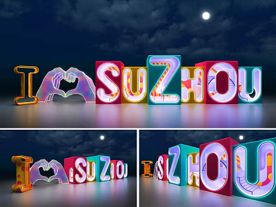 Colorful 3D Neon Letters I Love Suzhou Against Night Sky With Moon 3d model