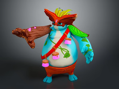 Game Movie Character With Blue Body Red Strap Pink Lanterns Wooden Branch And Green Leaves 3d model