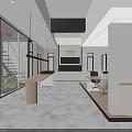 Modern Store Interior Featuring Glass Curtain Walls Staircase White Pillars Wooden Table Green Plants