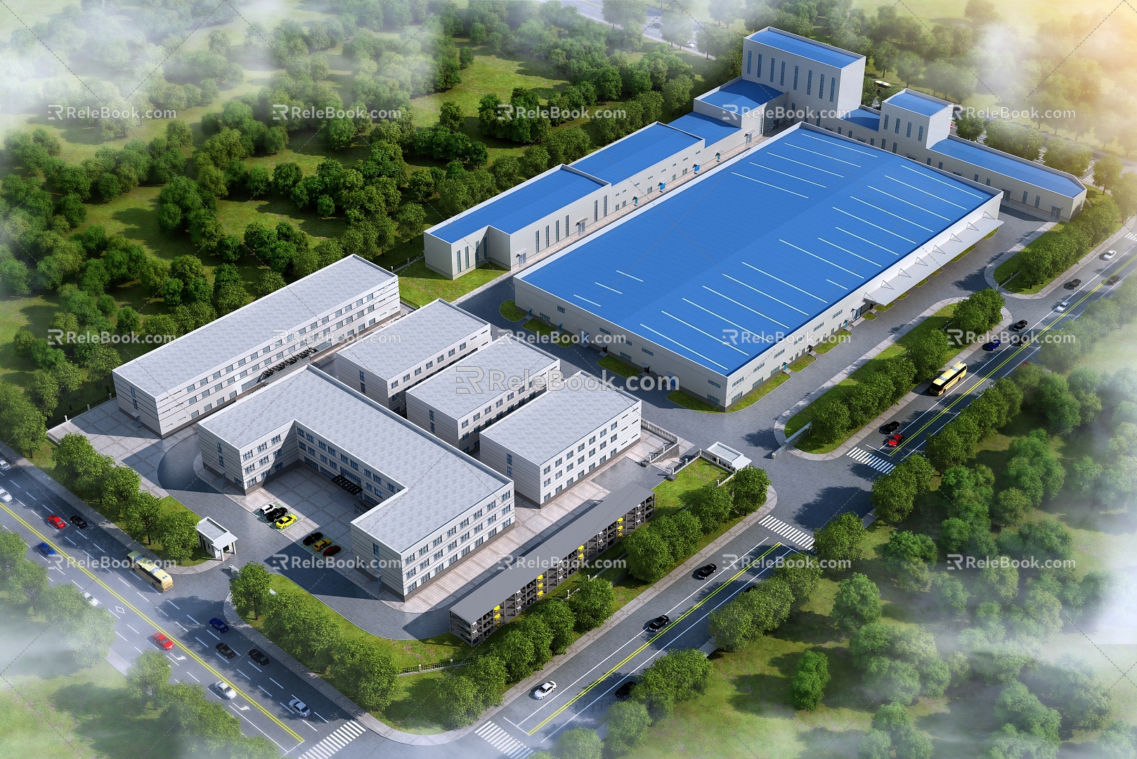 Bird's-eye view of modern factory building area 3d model