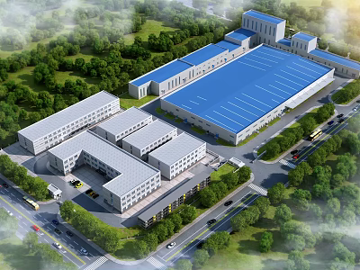 Industrial Factory Building with Blue Roof Surrounded by Green Trees and Roads 3d model