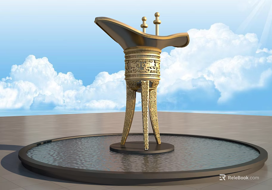 Outdoor Decorative Golden Carved Three legged Garden Ornament In Circular Water Basin 3d model 