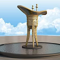Outdoor Decorative Golden Carved Three legged Garden Ornament In Circular Water Basin