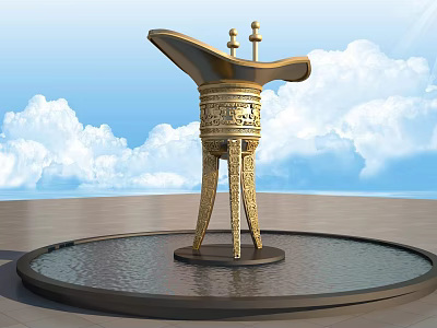 Outdoor Decorative Golden Carved Three legged Garden Ornament In Circular Water Basin 3d model