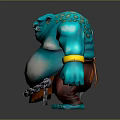 3D Creature Character Model With Blue Skin Green Spots Fierce Expression Chain And Yellow Wristband