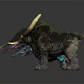 Three Colorful Horned Fantasy Creatures Standing As 3D Models In Pink Blue And Dark Gray