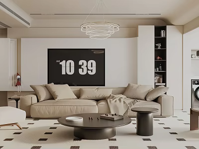 Modern Living Room Featuring Beige Sofa Black Coffee Table TV Hanging Light And Checkered Floor 3d model