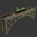Rusty Metal Truss Bridge With Black Moving Train And Gray Background