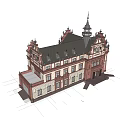 European style Architecture With Red Brown Brick Walls White Decorative Lines Arched Windows And Spire Tower