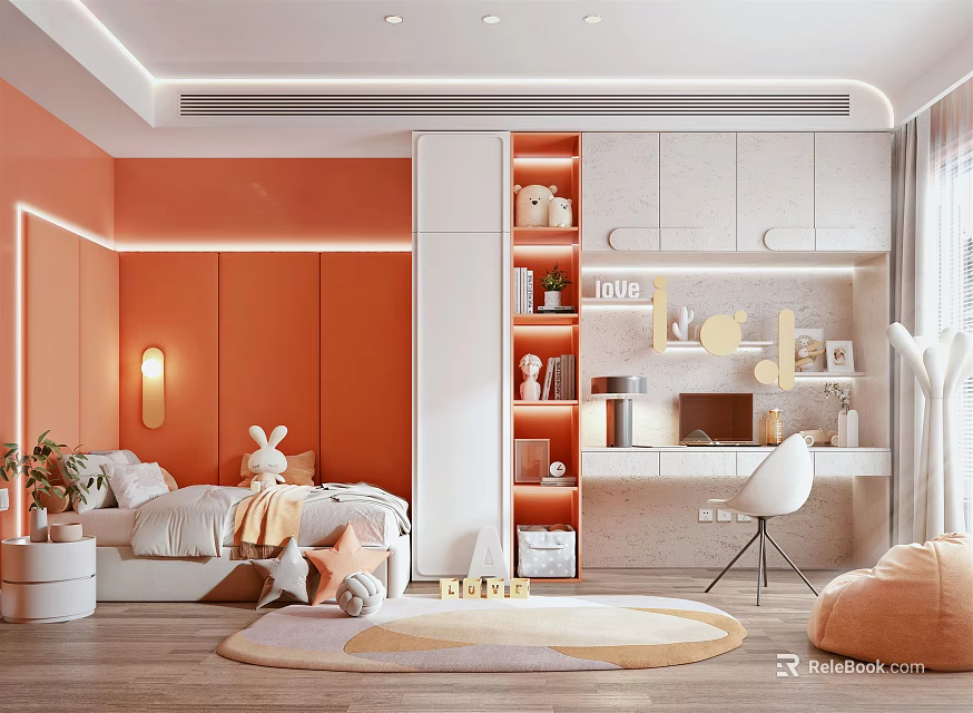 Cozy Kids Room Interior With Orange Walls Bed Rabbit Plush Study Desk And Soft Rug 3d model 