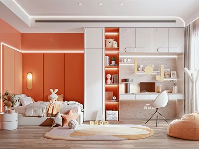 Cozy Kids Room Interior With Orange Walls Bed Rabbit Plush Study Desk And Soft Rug 3d model
