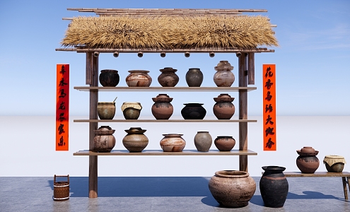 Chinese Courtyard Sticks Chinese Jar Wooden Frame Pottery Pot Sticks Gardening Sticks Pottery Pot Utensils Ornaments Thatched Pavilion 3d model