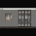 Modern Walk-in Closet Interior With Hanging Clothes Glass Cabinets And Drawers
