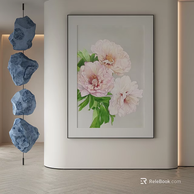 Abstract Painting With Pink Flowers Green Leaves And Blue Stone Decor In Modern Interior 3d model 