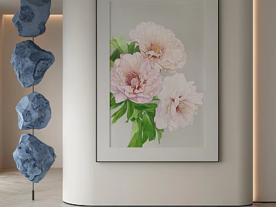 Abstract Painting With Pink Flowers Green Leaves And Blue Stone Decor In Modern Interior 3d model