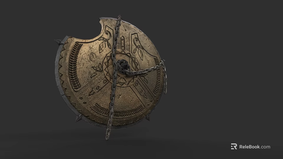 Ancient Medieval Shield with Broken Edge Intricate Metal Decorations and Chain Detail as Historical Weapon 3d model 