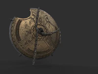 Ancient Medieval Shield with Broken Edge Intricate Metal Decorations and Chain Detail as Historical Weapon 3d model